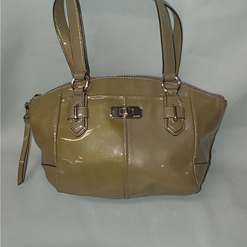 Coach Chelsea Jaden Glossy Olive Green Patent Leather Satchel Handbag.